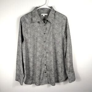 Chicos 2 Button Down Shirt Gray Floral Print Long Sleeve Casual Blouse Top US 12
